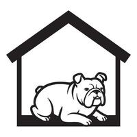 Simple black and white illustration of a bulldog resting inside a dog house vector