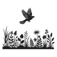 Silhouette illustration of a bird flying over a wildflower meadow in a natural setting vector