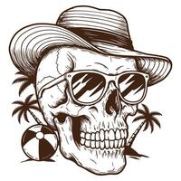 Summer skull with sunglasses beach ball and palm trees illustration on white background vector