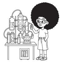 Black and white illustration of a young scientist working with laboratory equipment in a science lab vector