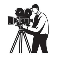 Black and white illustration of a cameraman operating a classic movie camera vector