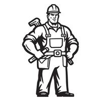 Confident construction worker in overalls and hardhat holding tools ready for work vector