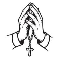 Hand drawn illustration of praying hands holding a rosary with a christian cross vector