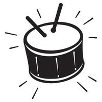 Simple black and white illustration of a drum with drumsticks and sound waves vector