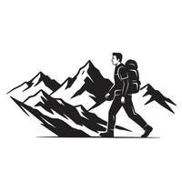 Black and white silhouette of a hiker trekking through mountainous terrain in adventure vector