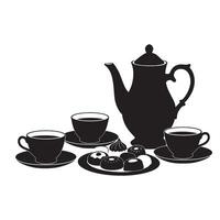 Elegant black and white tea party illustration featuring teapot cups and pastries on white background vector
