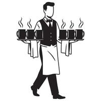 A black and white illustration of a server carrying trays of steaming coffee mugs vector
