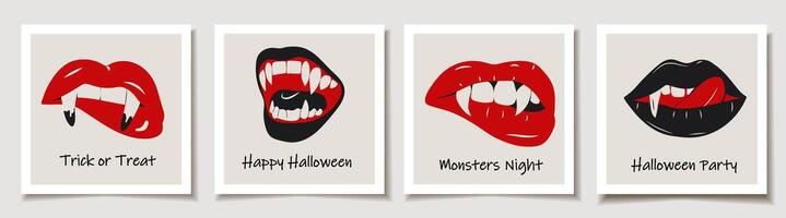 Set of Halloween cards with glamorous set of vampire lips featuring blood red color and sharp fangs, offering a bold and dramatic look. Greeting cards. vector