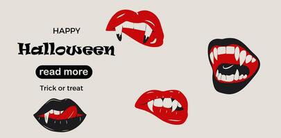 Web page design template. Glamorous set of vampire lips featuring blood red color and sharp fangs, offering a bold and dramatic look vector