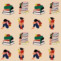 Students studying with stacks of books vector