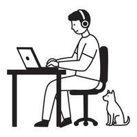 Person working from home with laptop and dog in simple black and white illustration vector