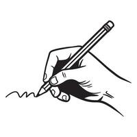 Black and white illustration of a hand writing with a pencil on white background vector