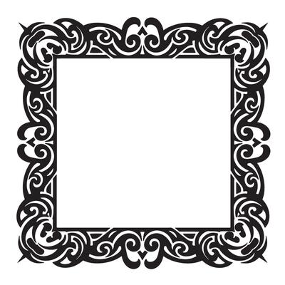 Elegant black and white square frame with ornate swirls and decorative border design