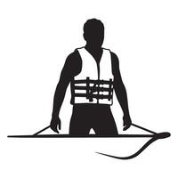 Silhouette of a person wearing a life vest on a boat paddle boarding illustration vector