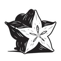 Black and white illustration of a sliced starfruit exotic fruit in a linocut style vector