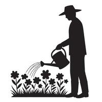 Silhouette of a gardener watering flowers in a garden with a classic style vector