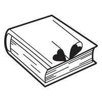 Simple black and white illustration of a book with two heart-shaped bookmarks. vector