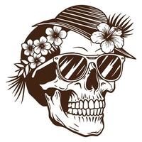 Artistic illustration of a skull wearing sunglasses and a floral hat for summer vibes vector