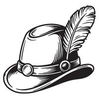 Traditional bavarian hunting hat with feather black and white illustration outline design element vector
