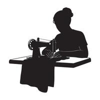 Silhouette of a seamstress at work using a sewing machine creating clothing designs vector
