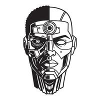 Cyborg portrait illustration black and white futuristic design concept head close up view vector