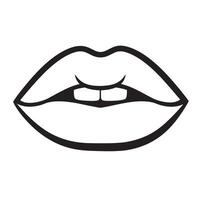 Minimalist outline illustration of open lips showing two teeth in black and white simple design vector