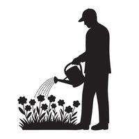 Silhouette of a person watering flowers in a garden with a watering can vector