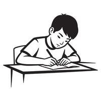 A young boy focusing on writing with a pen on paper at a desk in black and white vector