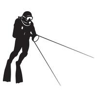 Silhouette diver exploring underwater with a spotlight in a black and white illustration vector