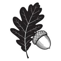 Black and white illustration of an oak leaf and acorn on a white background vector