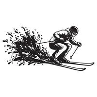 Dynamic black and white illustration of a skier performing a graceful ski turn on the slope vector