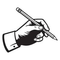 Black and white illustration of a hand holding a pencil ready to write or draw vector
