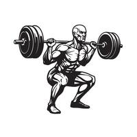 Strong bodybuilder performing squat exercise lifting heavy barbell in black and white vector