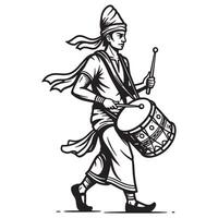 Traditional drummer in festive attire performing while walking isolated black and white vector