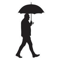 Silhouette of a person walking under an umbrella isolated on a white background vector