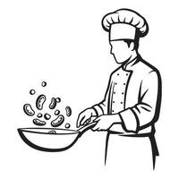 Chef cooking food with pan illustration in black and white for culinary concepts vector