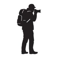 Silhouette of a photographer exploring and capturing pictures outdoors with a camera and backpack vector