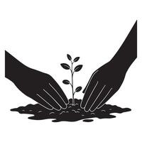 Hands tending to a young plant growing in the soil illustration for environmental concepts vector
