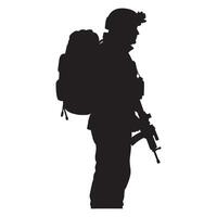 Silhouette of a fully equipped soldier carrying backpack and holding rifle standing in profile vector