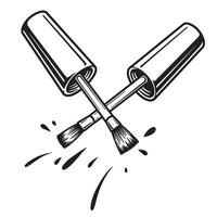Crossed nail polish brushes with splashes and spills illustrating manicure design elements vector