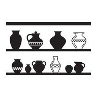 Black and white illustration of pottery vases arranged on shelves displaying elegant craftsmanship vector
