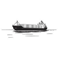 Black and white illustration of a cargo ship sailing across the ocean on a sunny day vector