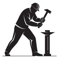 Blacksmith with hammer silhouetted hitting anvil depicting industrial work and metalworking vector