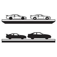 Black and white graphic illustration of four cars displayed on platforms ready for transport or display. vector