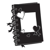 Black and white sketch of a spiral bound notebook with heart decorations and ribbon detail vector