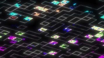 Abstract Digital Grid Animation Futuristic Tech Background with Glowing White Lines and Dynamic, Colorful Glitches and Pixelated Data Flow Effect video