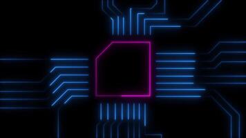 Animation of glowing neon blue and pink circuit board lines. Loop playback motion design video