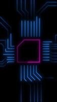 Vertical animation of glowing neon blue and pink circuit board lines. Loop playback motion design video