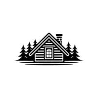 Rustic Cabin Silhouette, Forest Backdrop, Emblem vector