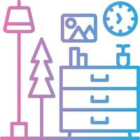 A bedside table with a clock, lamp and other items vector